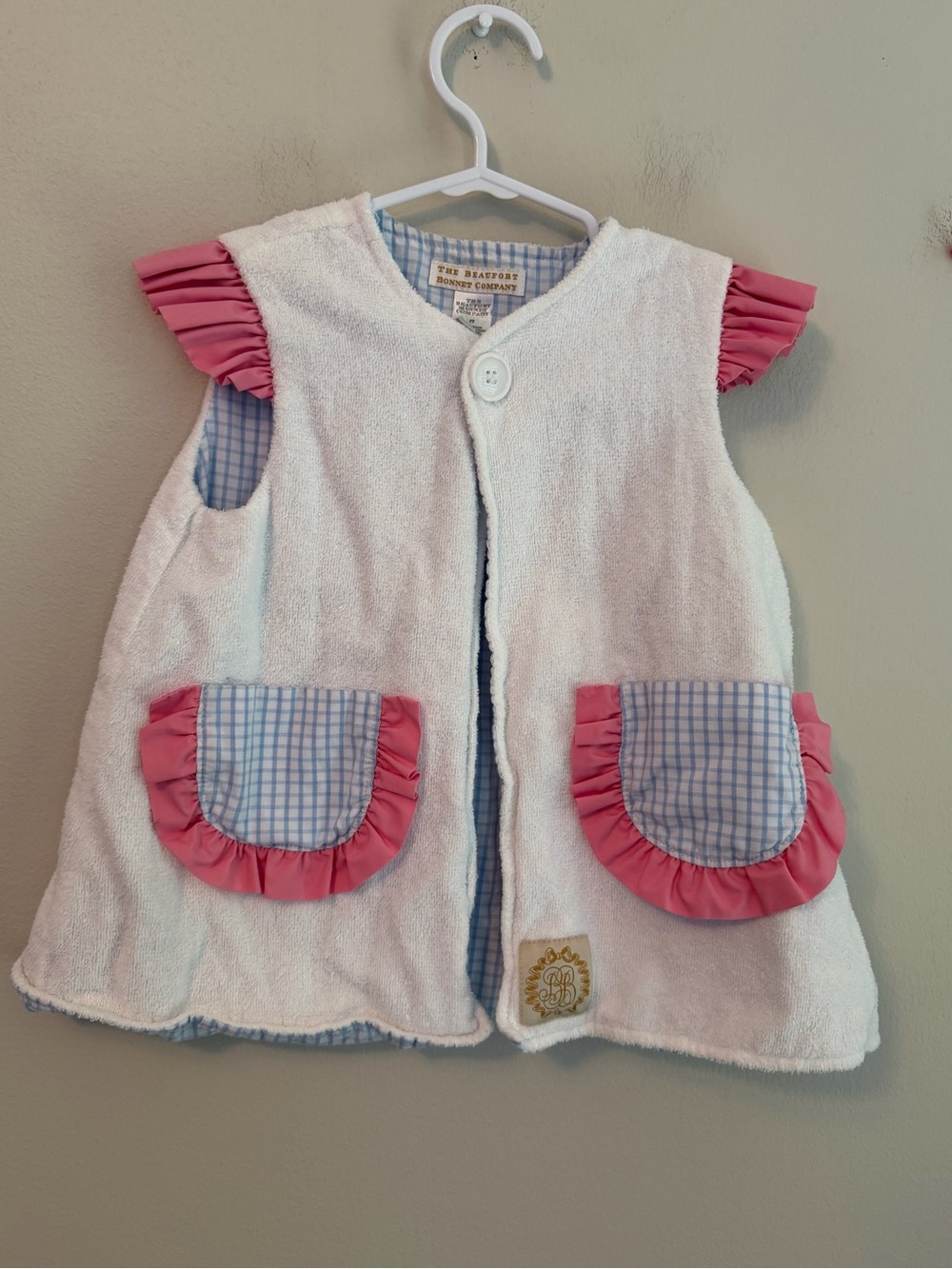 The Beaufort Bonnet Company White Terry Vest Cover Up with Pink Ruffle Pockets